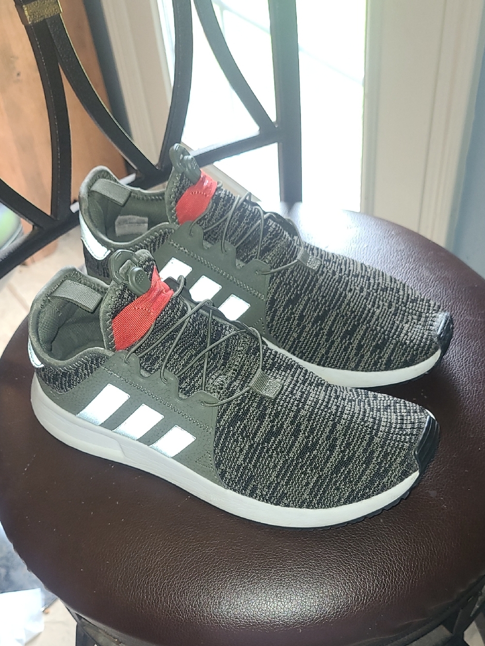 Men's Adidas Olive Green Knit Athletic Shoes with White Stripes size 8